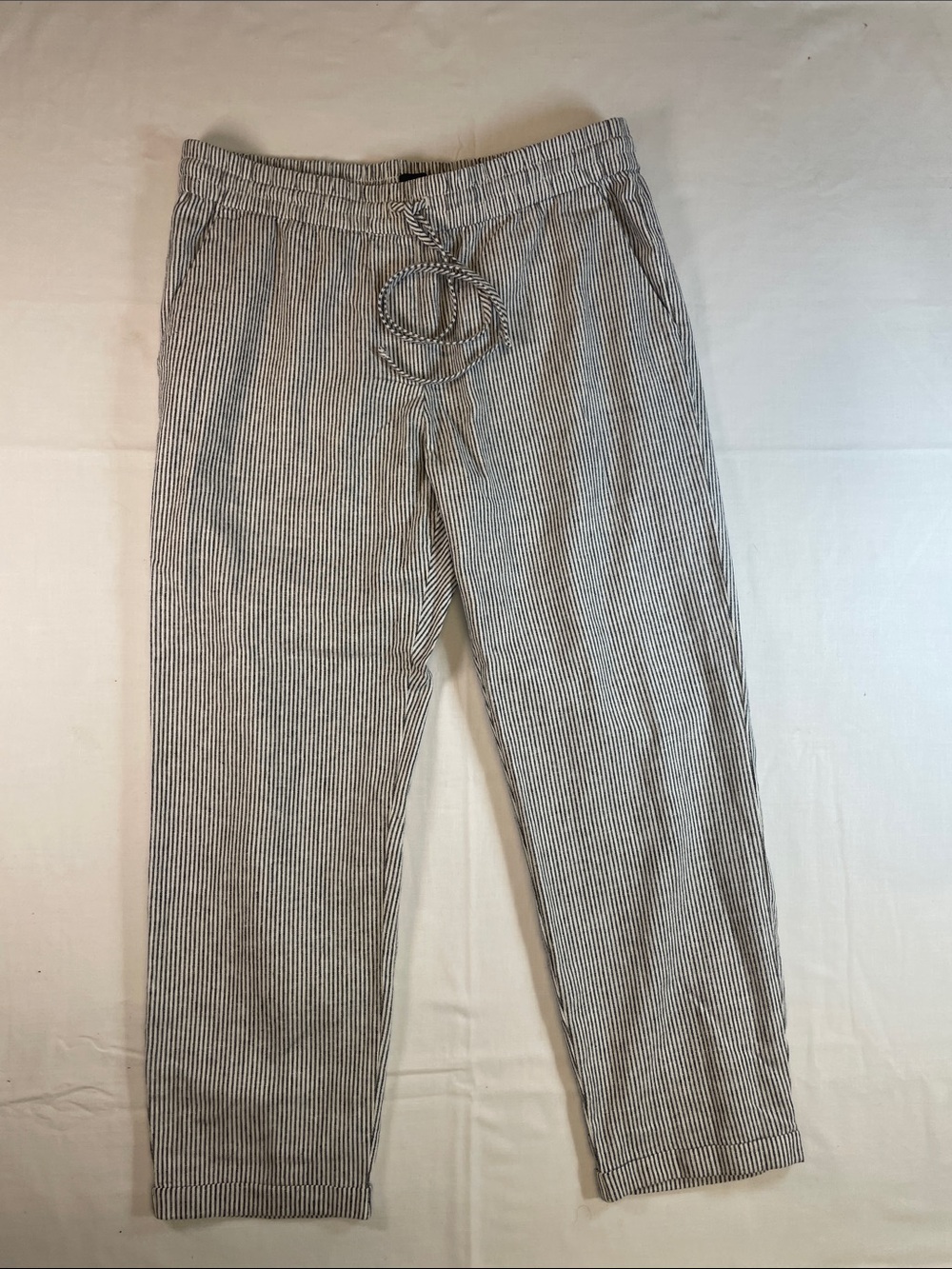 J Crew 12 Pinstripe Grey and White Drawstring Trousers cotton/ linen pockets cuf
